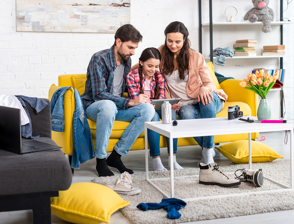 A family enjoying their newly remodeled living space in Springfield, MA