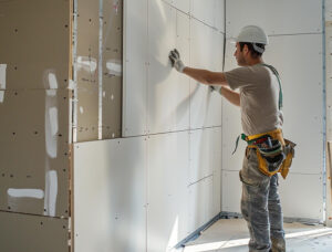 A construction worker installing drywall in a partially finished room