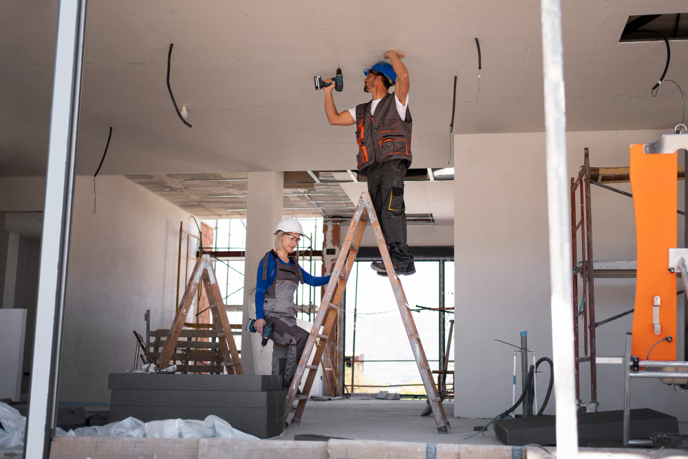 Workers installing ceiling fixtures during a building renovation project.